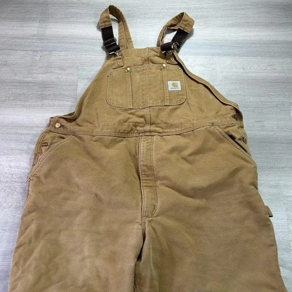 Carhartt Bib Overalls Mens 48x30 Brown Insulated Quilt Lined Workwear R02 BRN